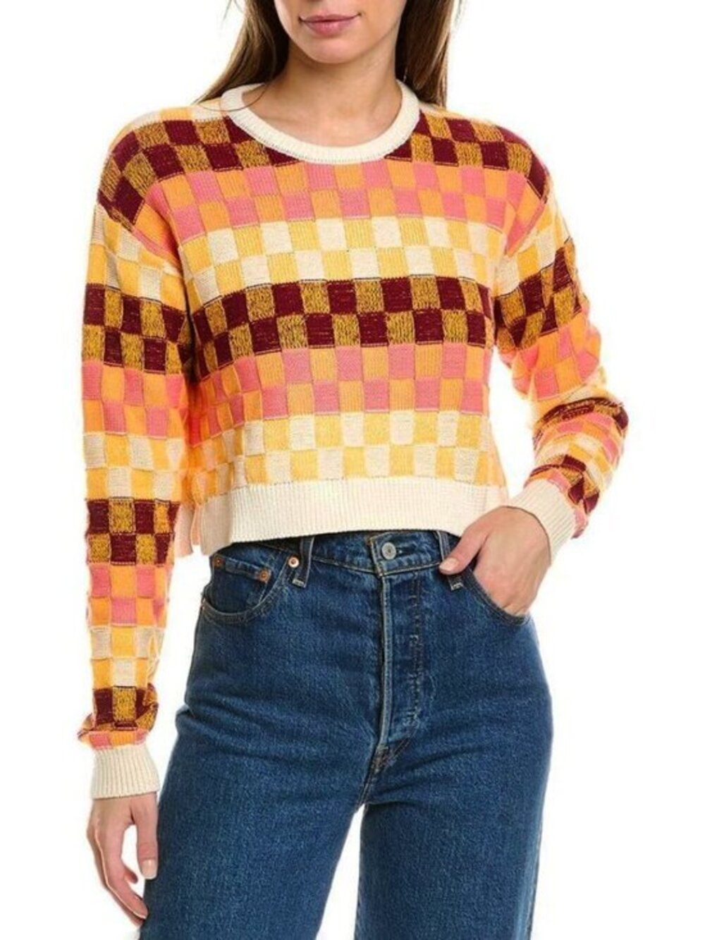 New The Upside 100% Cotton Checkmate Karlie Sweater Orange Pink S $140